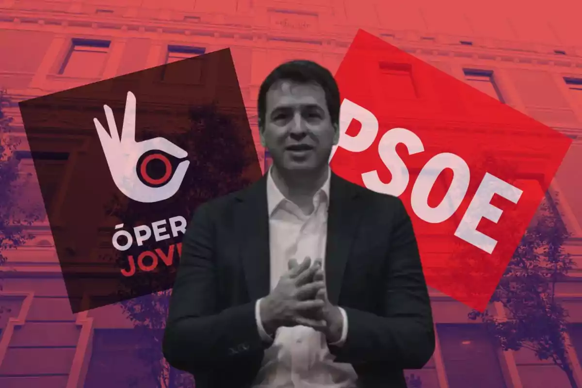 Un hombre en traje oscuro está frente a un fondo con los logotipos de "Operación Joven" y "PSOE" sobre un edificio rojo.