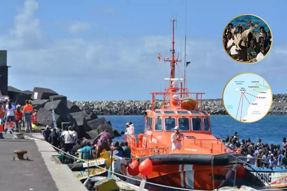 Una embarcación de rescate naranja está atracada en un puerto, rodeada de personas, con dos imágenes insertadas en la parte superior derecha: una de un grupo de personas celebrando y otra de un mapa que muestra rutas de viaje.