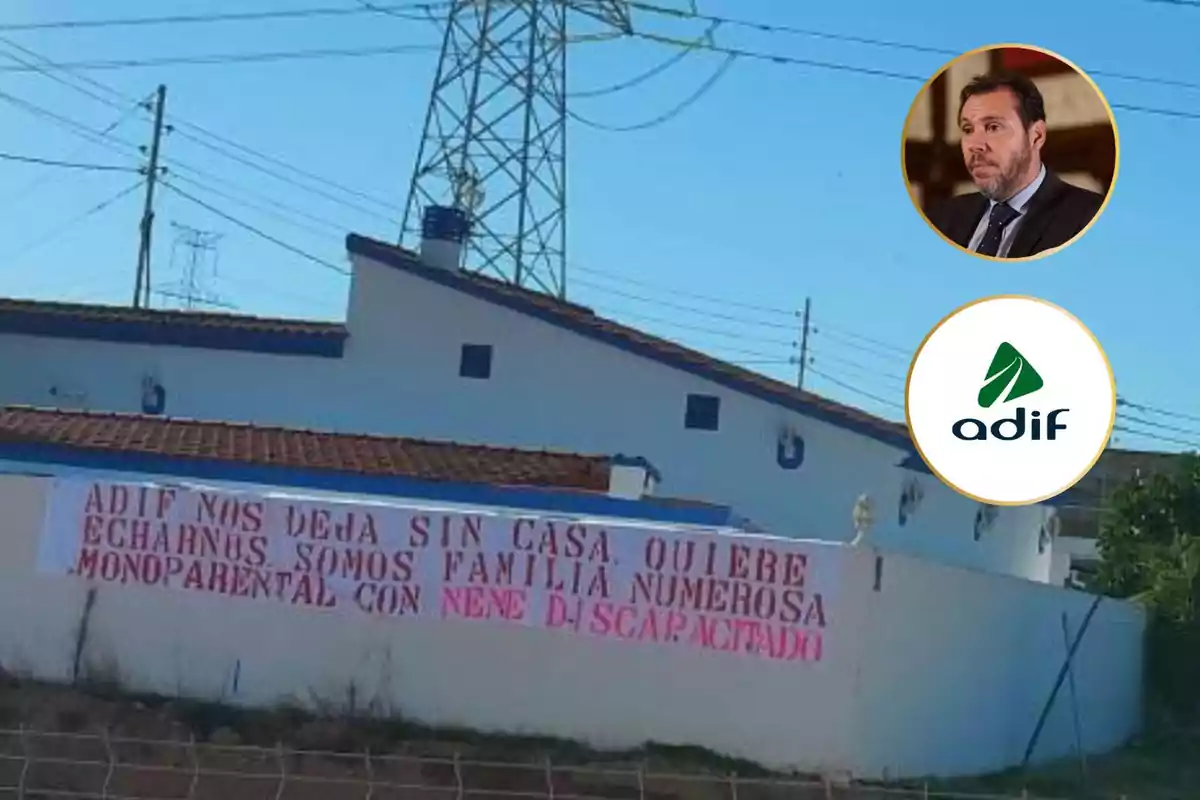 En la imagen se observa una casa con un cartel que dice "ADIF nos deja sin casa quiere echarnos somos familia numerosa monoparental con nene discapacitado", además de dos círculos en la parte superior derecha, uno con el logo de ADIF y otro con la foto de un hombre.