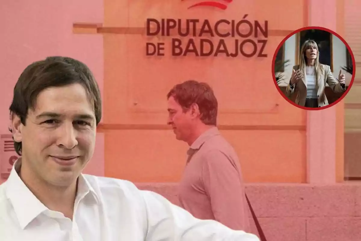 Un hombre con camisa blanca frente a un edificio con el letrero "Diputación de Badajoz" y una mujer en un círculo rojo en la esquina superior derecha.