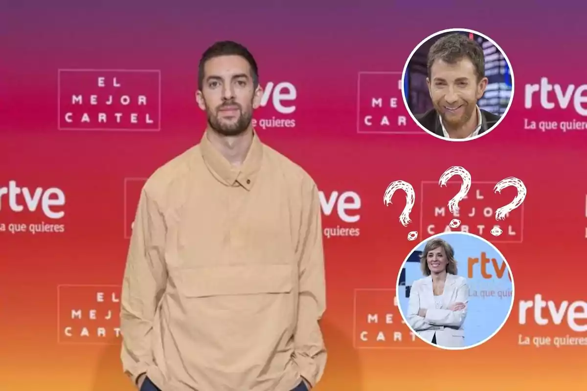 Hombre con camisa beige posando frente a un fondo con logotipos de RTVE y "El Mejor Cartel", con dos imágenes circulares de otras personas y signos de interrogación.