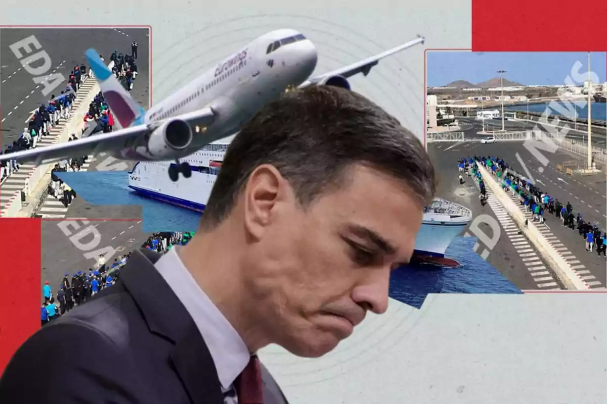 Un hombre con expresión seria en primer plano, con imágenes de un avión, un barco y personas haciendo fila en el fondo.