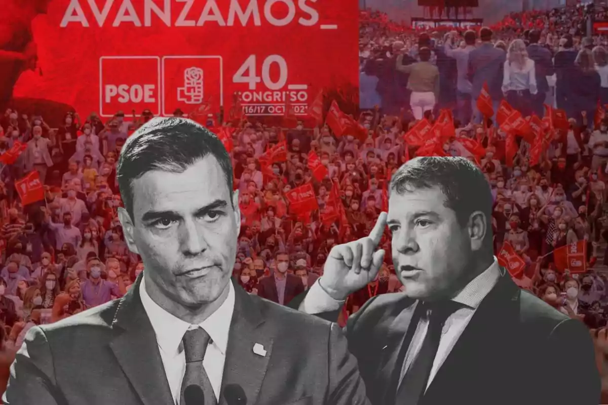 Dos hombres en primer plano con una multitud de personas al fondo, en un evento del PSOE con el lema "AVANZAMOS" y el logo del partido.