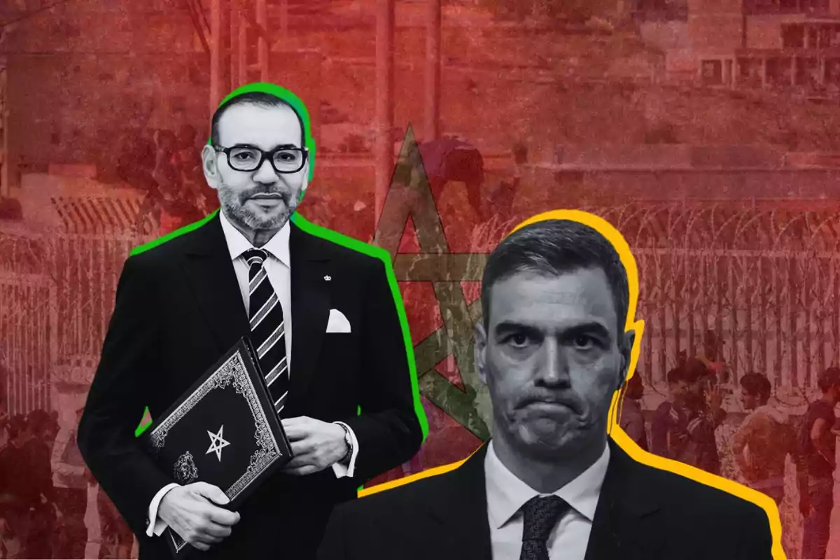 Dos hombres en trajes formales con bordes de colores, uno con un borde verde y el otro con un borde amarillo, sobre un fondo con una estrella y una cerca.