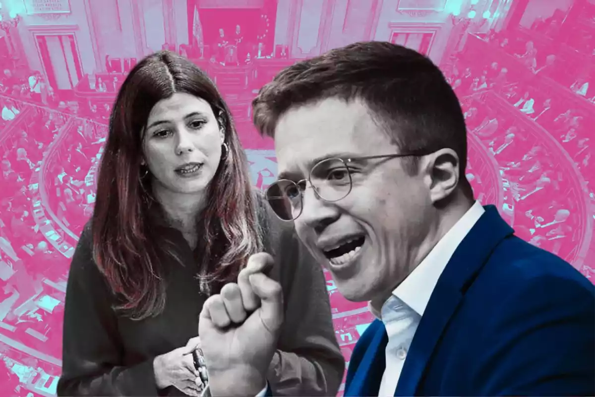 Dos personas discutiendo en un entorno parlamentario con un fondo rosa.