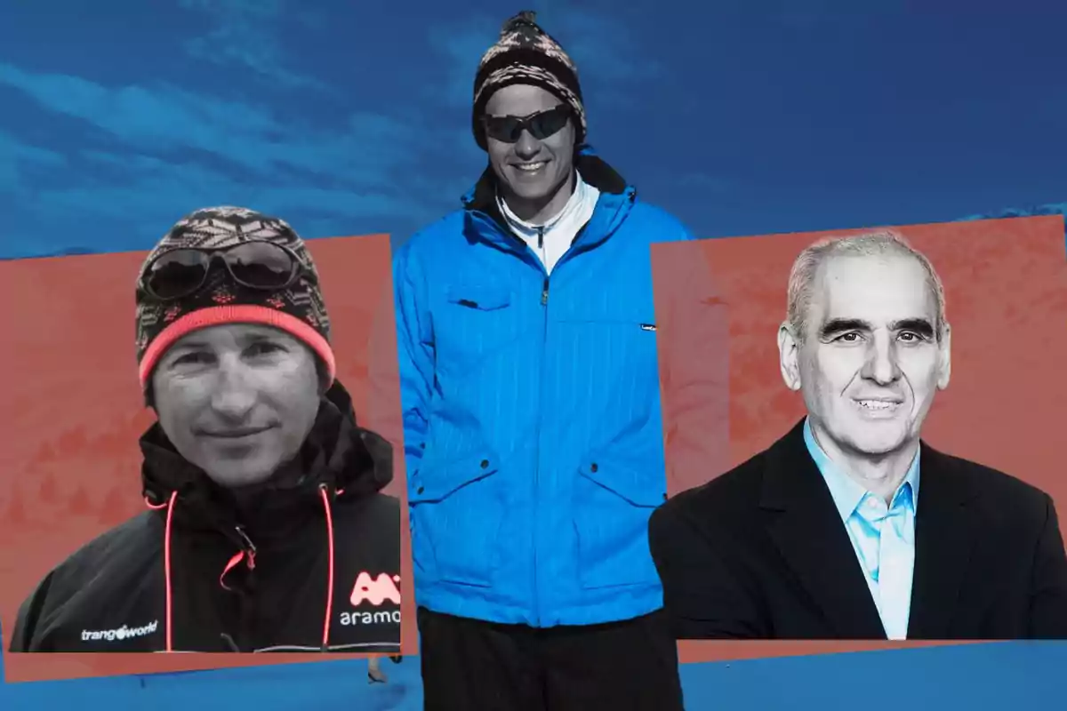 Tres hombres con ropa de invierno, uno en el centro con chaqueta azul y gorro, y dos imágenes superpuestas a los lados con fondo rojo.