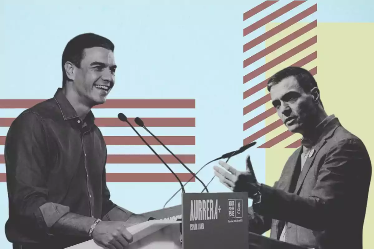 Two men speaking at a podium with a background of diagonal lines and pastel colors.