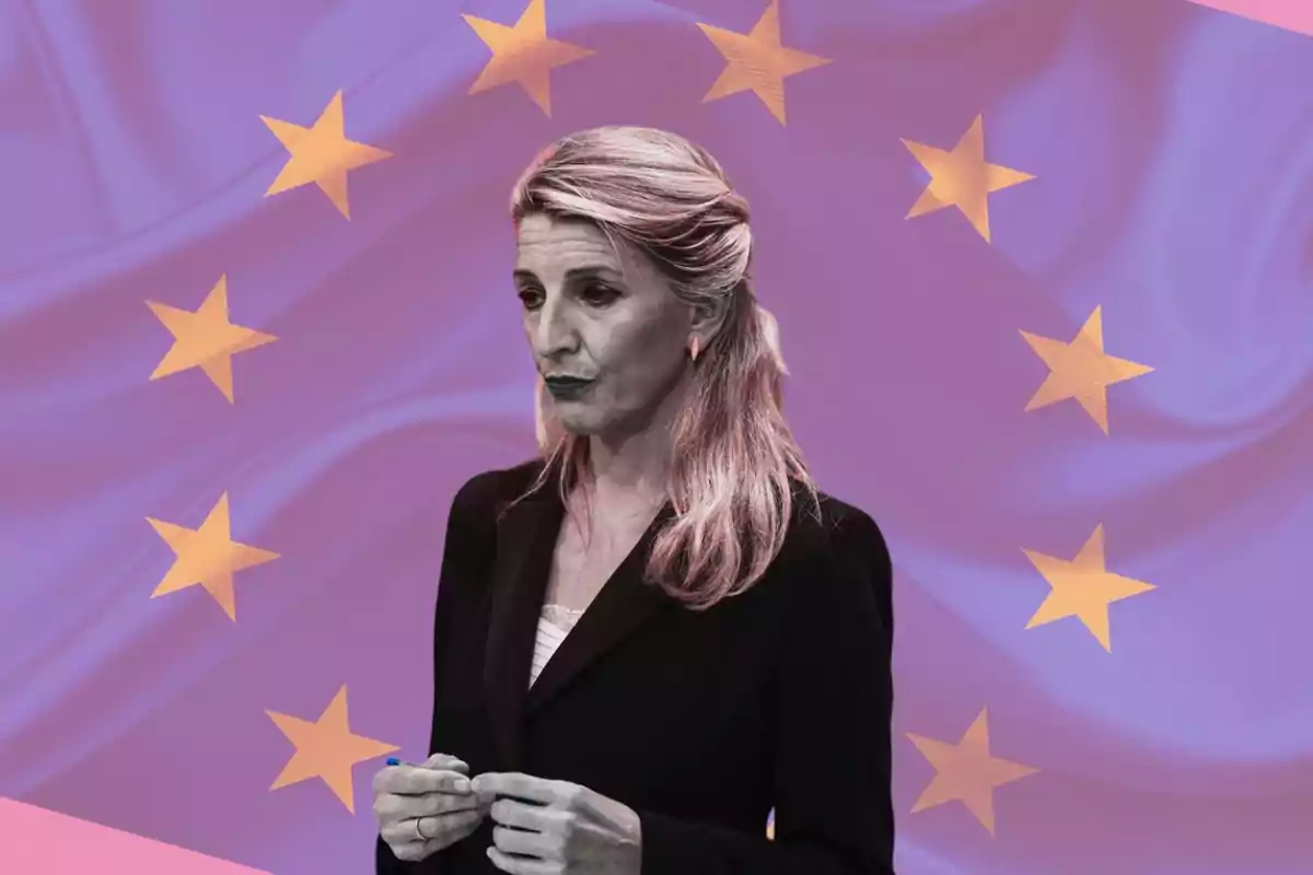 Una persona de pie frente a una bandera de la Unión Europea con un fondo de color morado y estrellas amarillas.