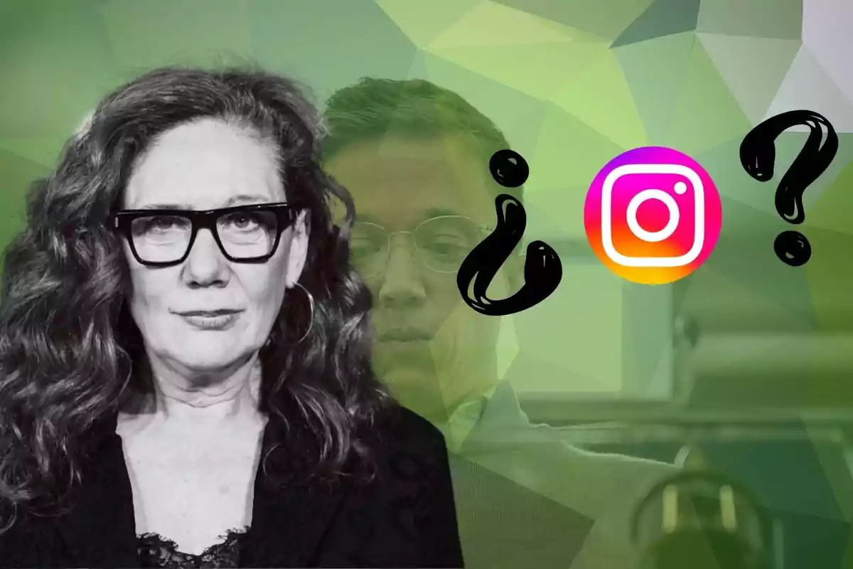 Una mujer con gafas aparece en primer plano en blanco y negro mientras que en el fondo hay un hombre desenfocado y el logo de Instagram sobre un fondo verde geométrico.