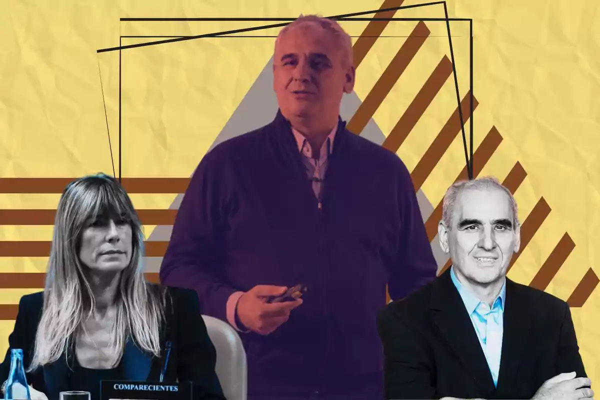 Tres personas en un collage con fondo geométrico amarillo y marrón.