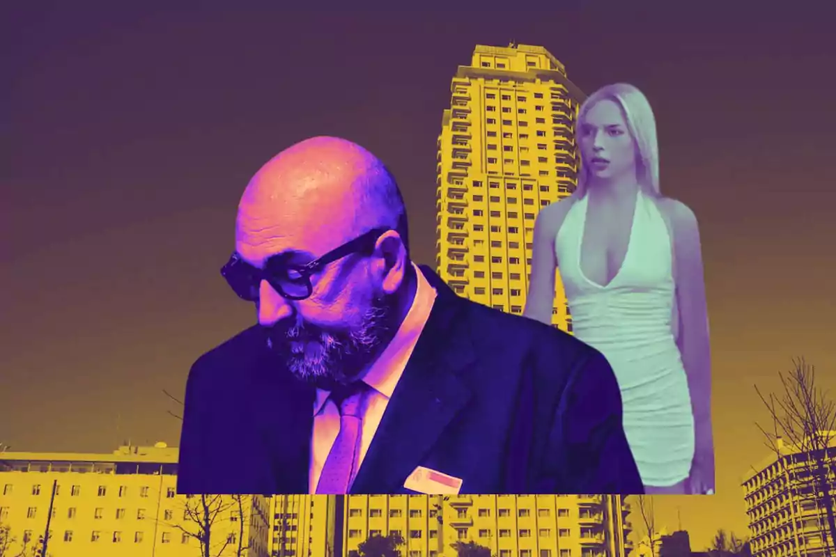 Una imagen con un hombre calvo con barba y gafas en primer plano y una mujer rubia con vestido blanco en el fondo, con un edificio alto detrás de ellos en un estilo de color vibrante.