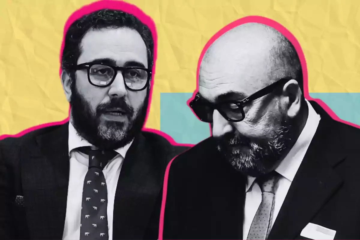 Dos hombres con barba y gafas, uno con cabello y el otro calvo, en un fondo amarillo y azul con bordes rosados.