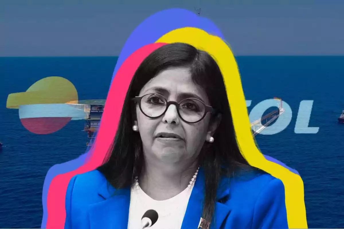 Mujer con gafas y chaqueta azul frente a un fondo marino con una plataforma petrolera y el logo de una empresa petrolera, con un diseño colorido superpuesto.