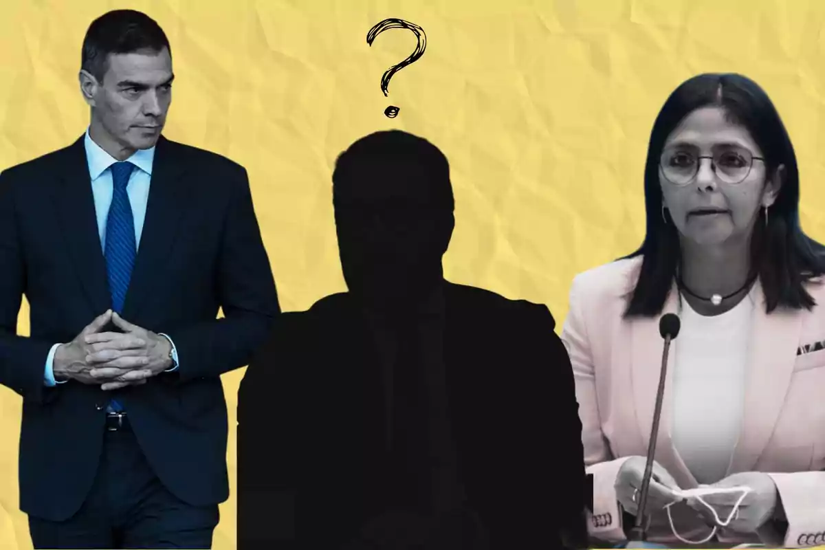 Tres figuras en un fondo amarillo, dos personas visibles a los lados y una silueta con un signo de interrogación en el centro.