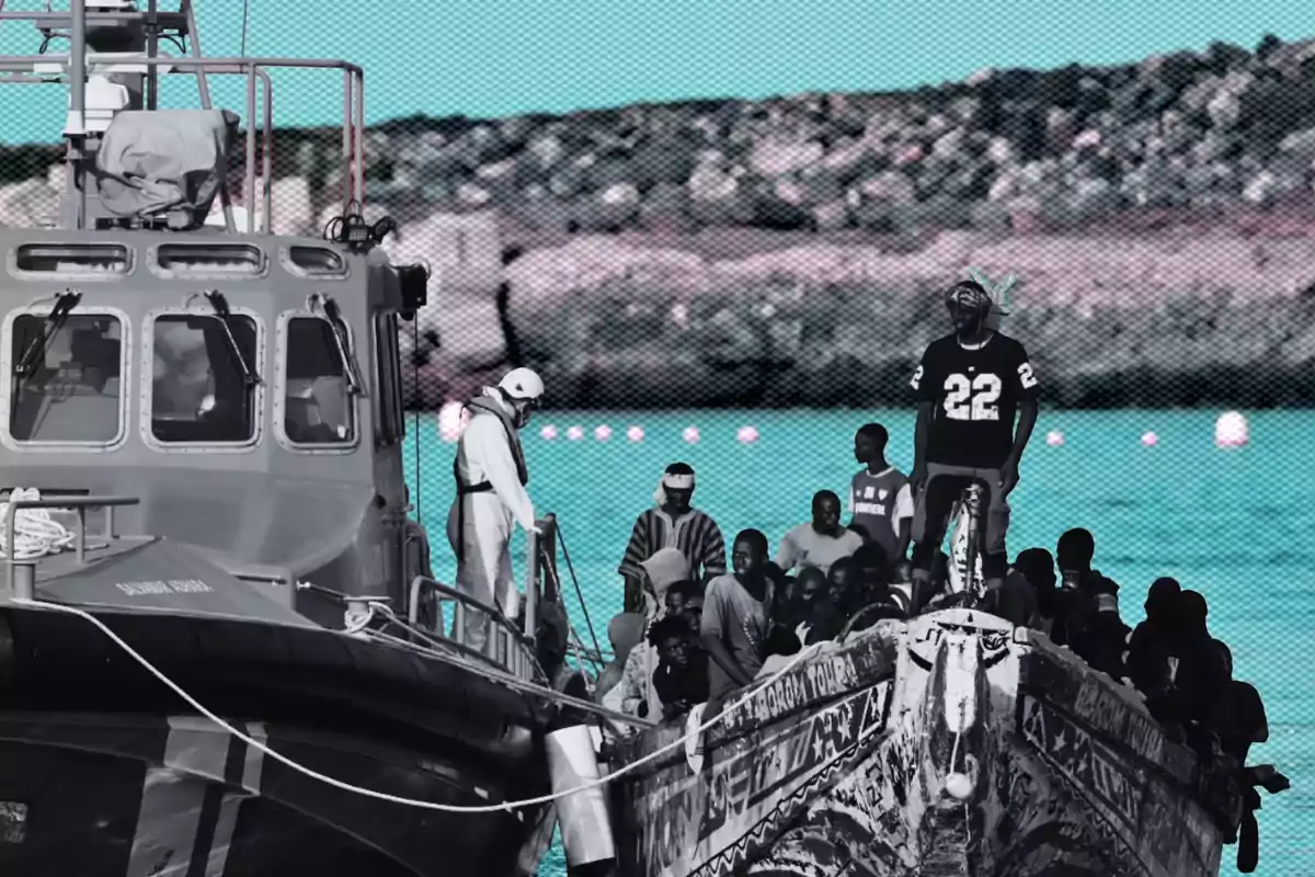 A group of people in a decorated wooden boat approach a rescue ship at sea with a backdrop of hills.