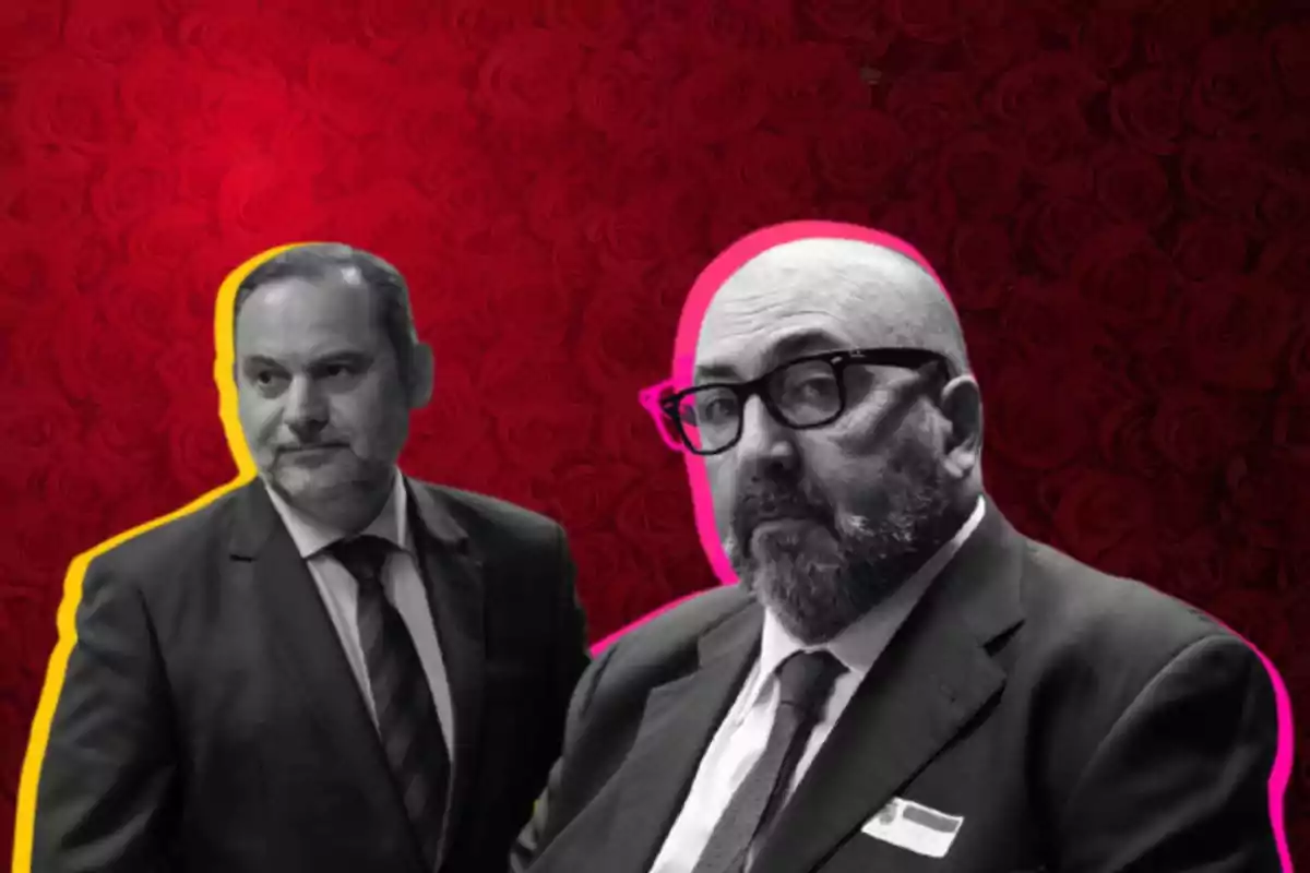 Dos hombres con trajes formales, uno con barba y gafas, sobre un fondo rojo con rosas y contornos de colores brillantes.