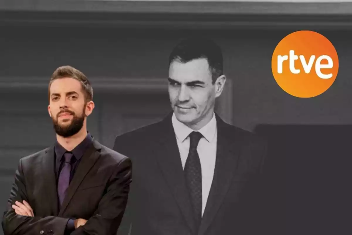 Dos hombres vestidos de traje posan frente a un fondo oscuro con el logotipo de RTVE en la esquina superior derecha.