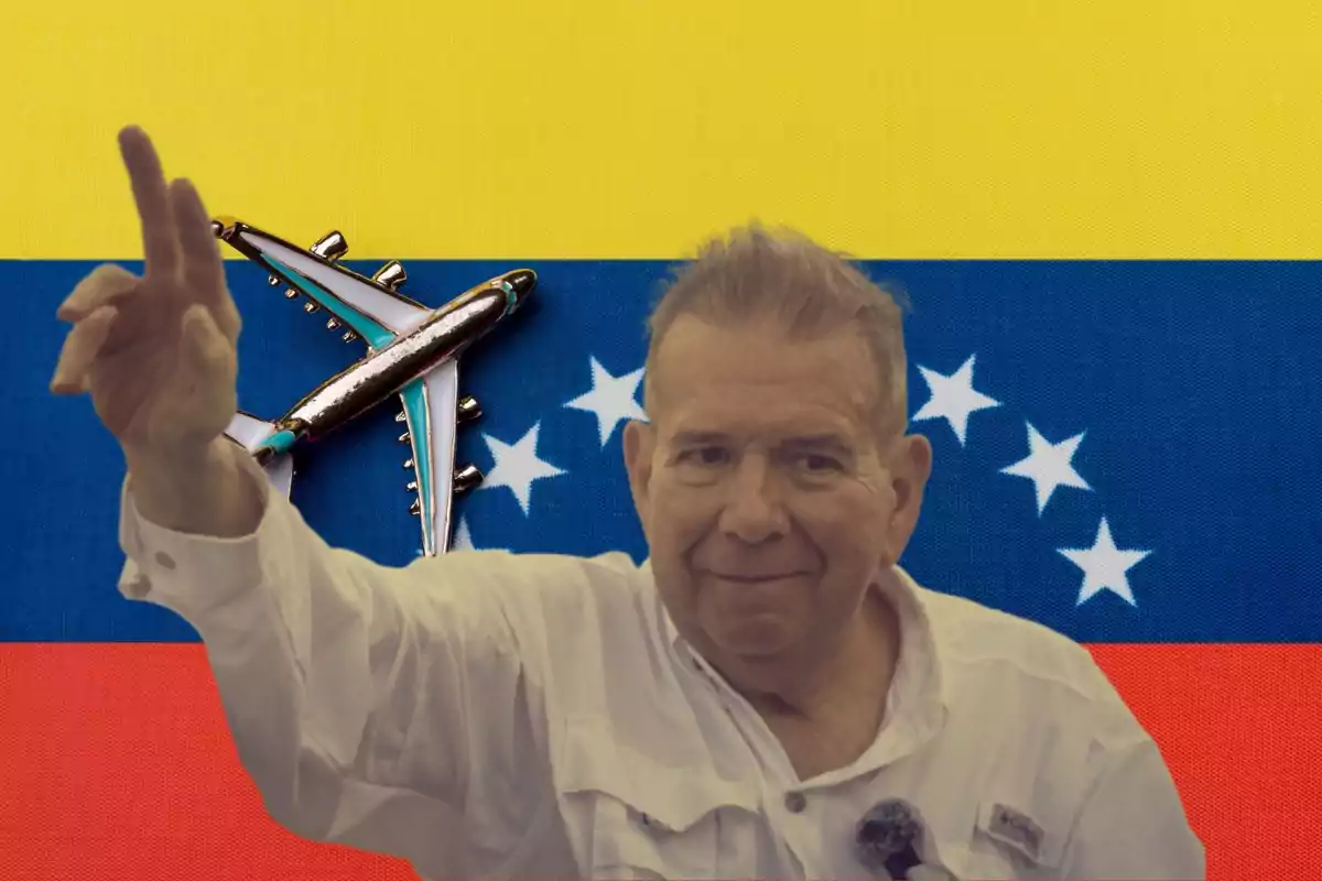 Un hombre con camisa blanca levantando la mano frente a una bandera de Venezuela con un avión superpuesto.