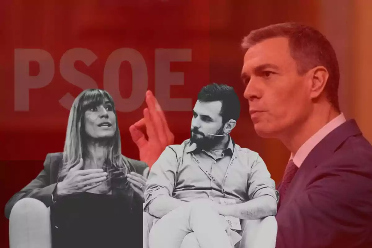 Tres personas conversando con un fondo rojo y las letras "PSOE"