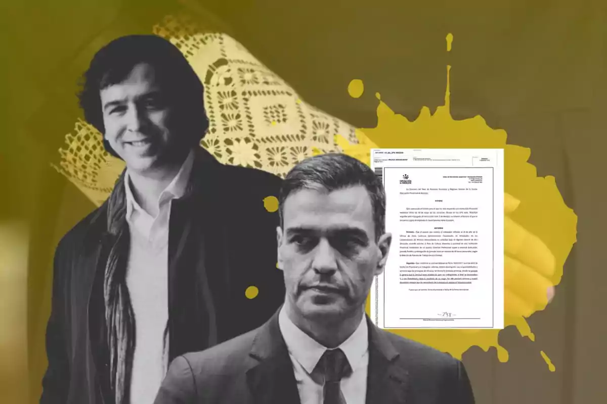 Dos hombres en primer plano con un documento oficial en el fondo y un diseño de encaje amarillo.