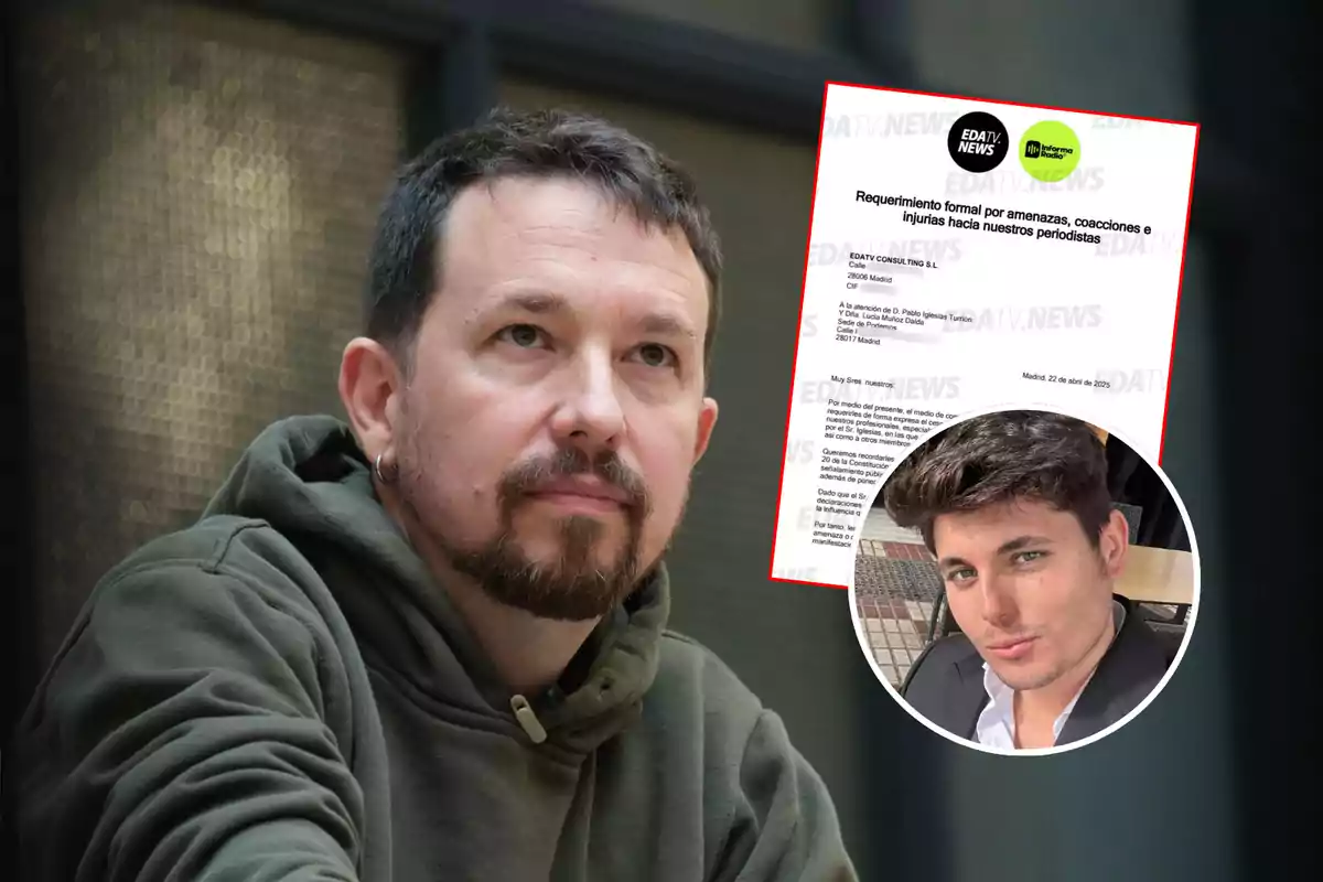 Un hombre con barba y sudadera verde aparece pensativo, junto a un documento con texto y la imagen de otro hombre en un círculo.
