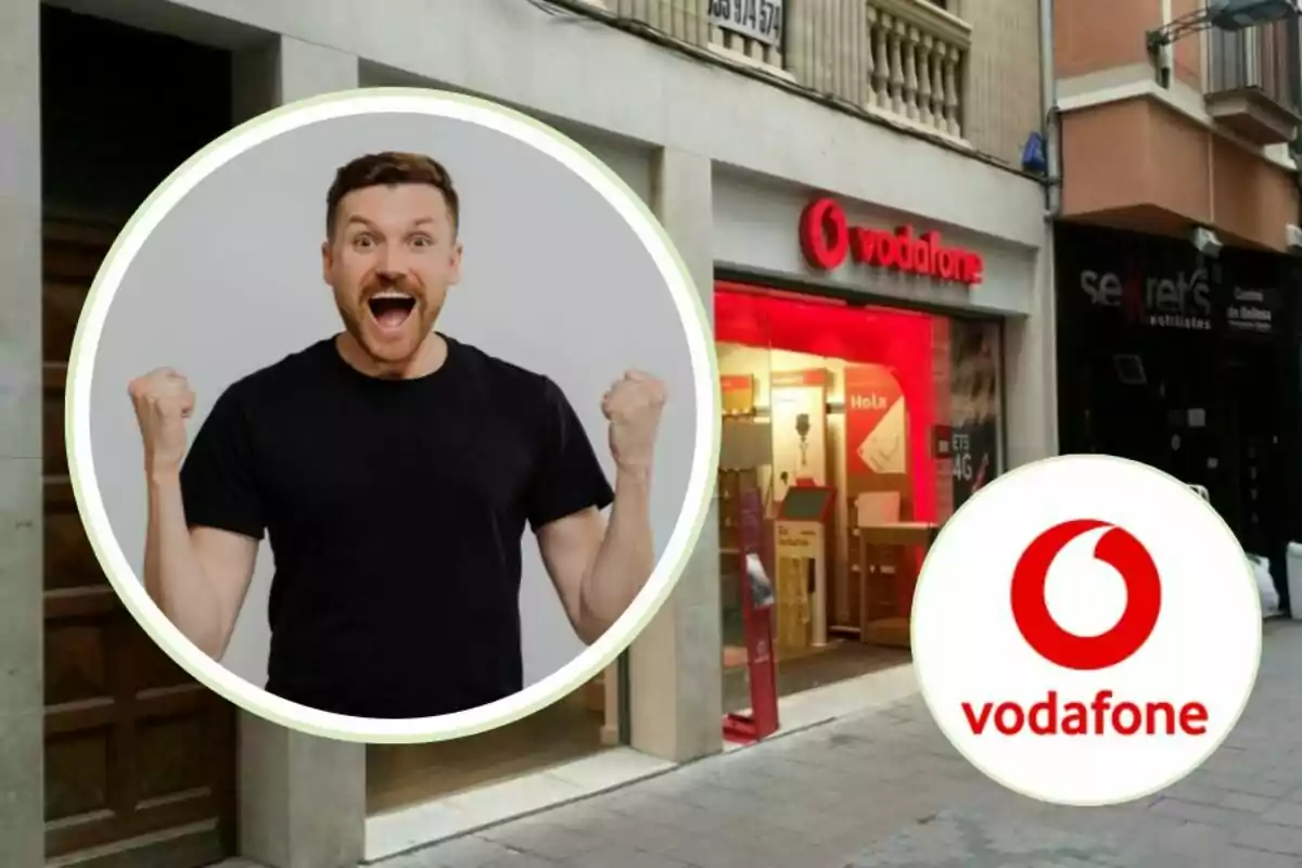 Excited man in black t-shirt next to a Vodafone store and Vodafone logo.