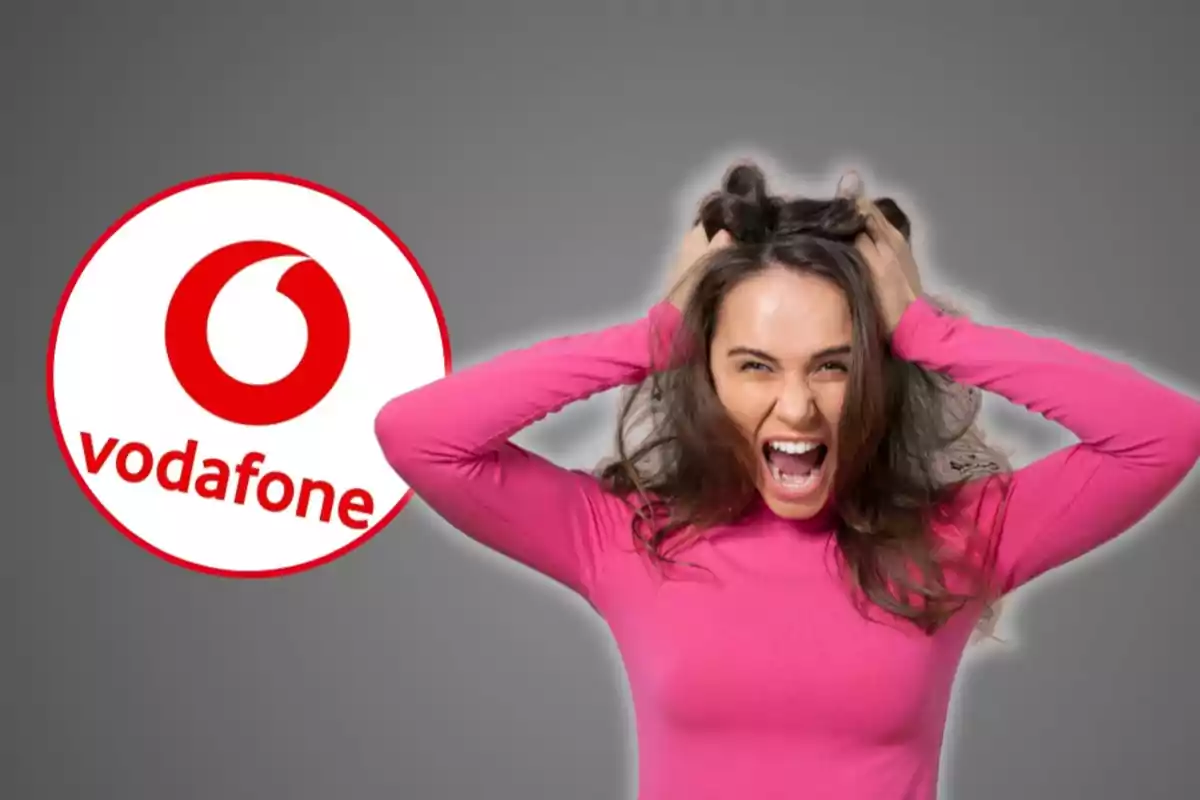 Woman with a frustrated expression pulling her hair next to the Vodafone logo.