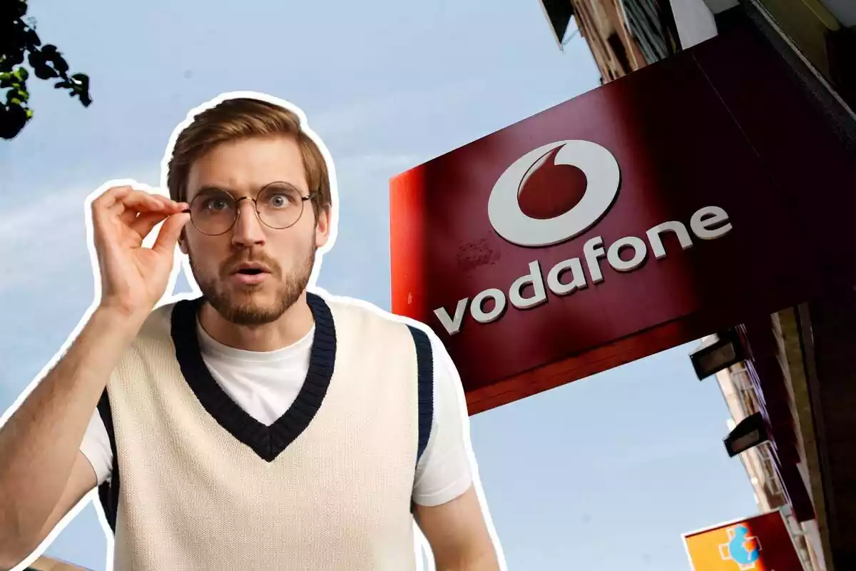 Montaje con un hombre y un gran logo de Vodafone