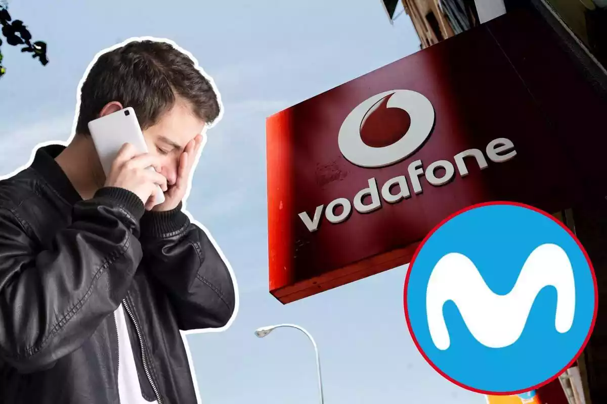 Imagen de fondo de un logo en una tienda de Vodafone, junto a otra de un logo de Movistar y otra de un hombre con un teléfono móvil preocupado