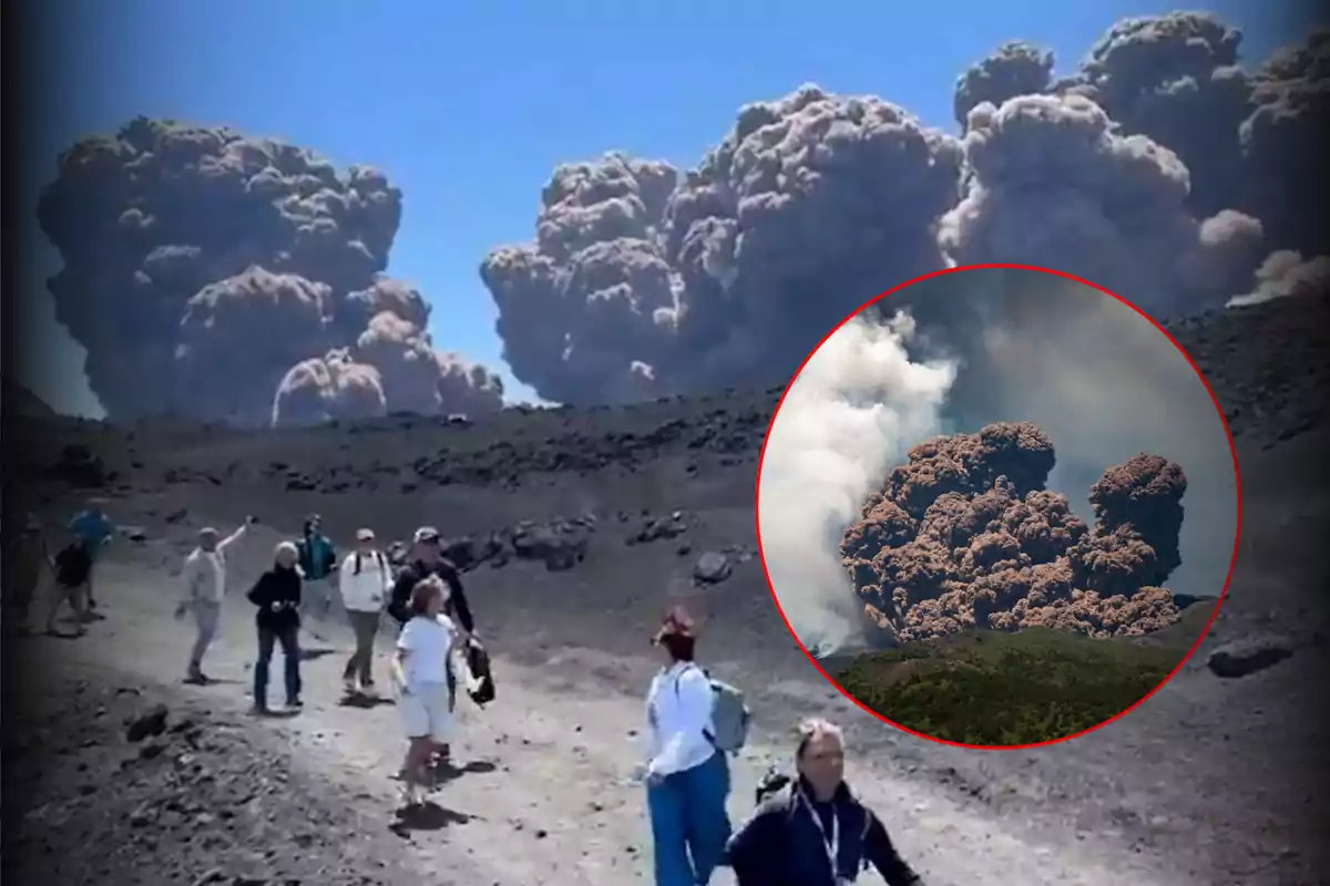 Personas caminando por un terreno volcánico mientras al fondo se observa una gran erupción con nubes de ceniza y humo, en la esquina inferior derecha hay un recuadro que muestra un acercamiento de la erupción