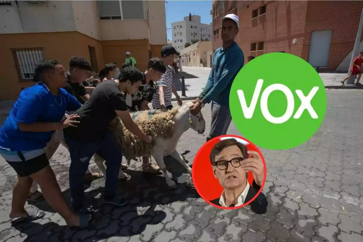 Un grupo de jóvenes empuja a una oveja en una calle mientras dos círculos superpuestos muestran el logo de Vox y el rostro de un hombre con gafas.
