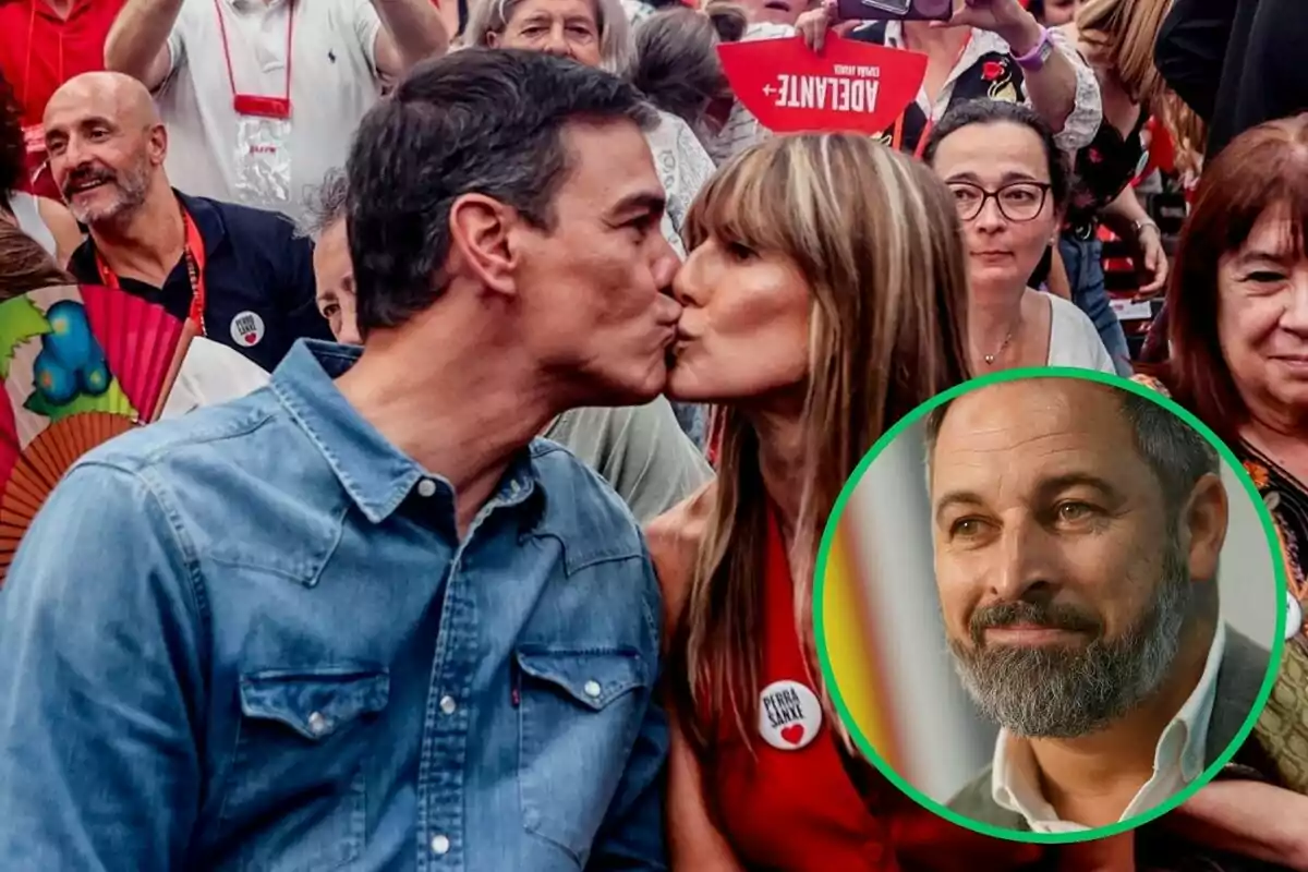 Una pareja se besa en un evento público mientras otras personas observan, con un recuadro que muestra a un hombre con barba.