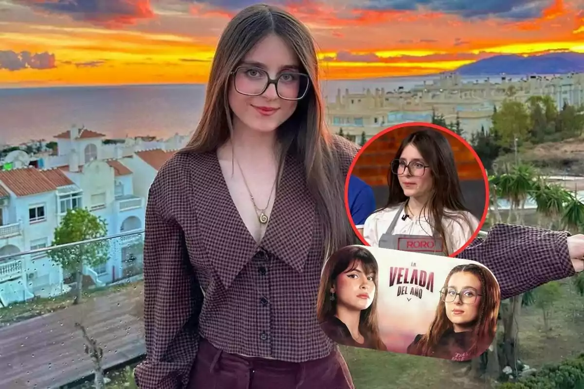 Una persona con gafas grandes y cabello largo posa frente a un paisaje al atardecer con edificios y el mar de fondo, hay un recuadro con otra imagen de la misma persona y un cartel de un evento llamado "La Velada del Año".