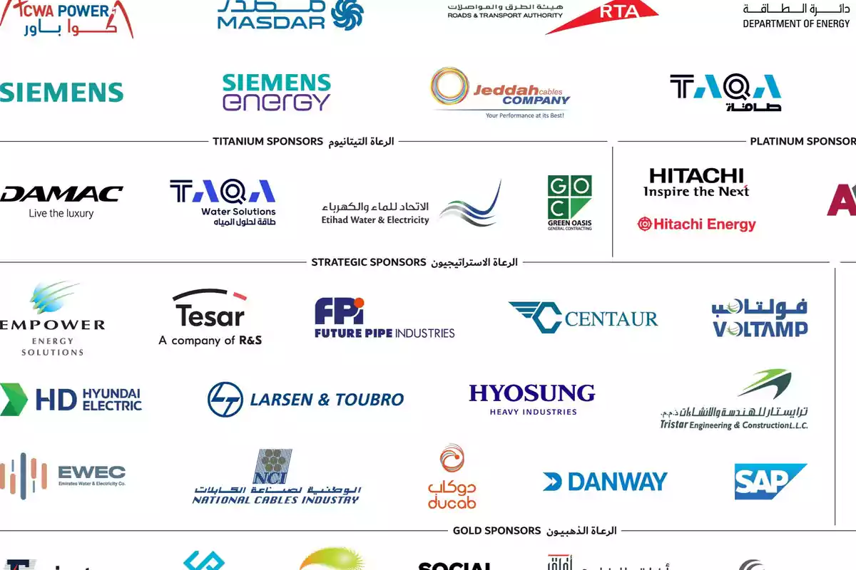 La imagen muestra una colección de logotipos de diversas empresas y organizaciones que son patrocinadores de un evento. Los patrocinadores están clasificados en diferentes categorías: Titanium Sponsors, Platinum Sponsors, Strategic Sponsors y Gold Sponsors. Entre los logotipos se encuentran empresas como Siemens, Masdar, Jeddah Cables Company, DAMAC, Etihad Water & Electricity, Green Oasis, Hitachi Energy, Empower Energy Solutions, Tesar, Future Pipe Industries, Centaur, Hyundai Electric, Larsen & Toubro, Hyosung Heavy Industries, Emirates Water & Electricity Co., National Cables Industry, Ducab, Danway, SAP, entre otros.