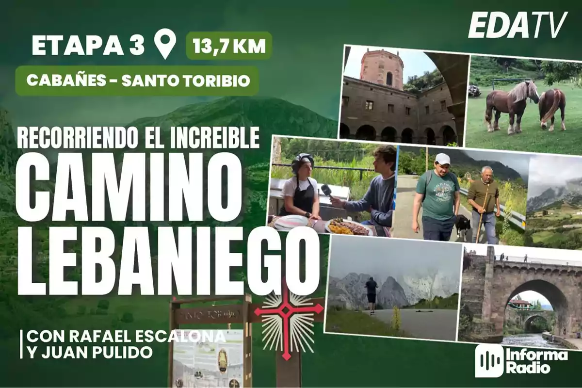 Cartel promocional de EDA TV para la etapa 3 del Camino Lebaniego, de 13,7 km, desde Cabañes hasta Santo Toribio, con Rafael Escalona y Juan Pulido.
