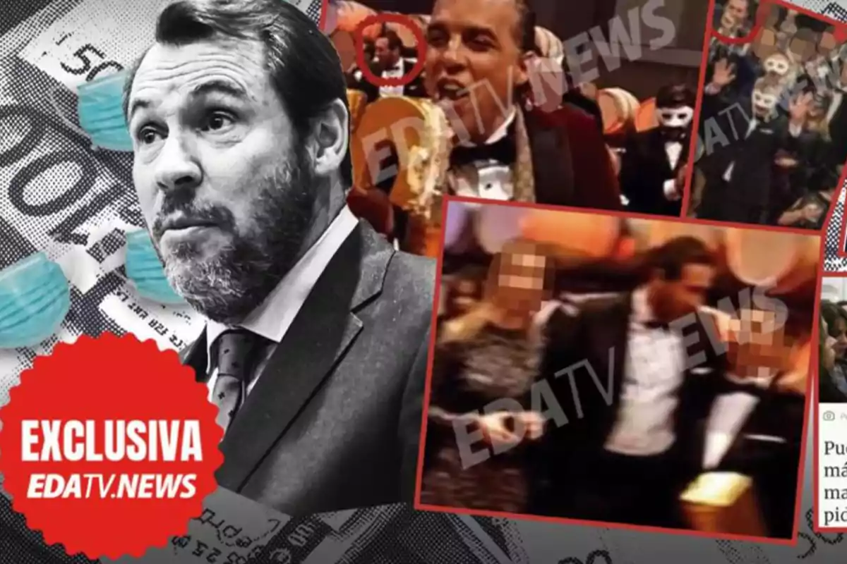 Hombre con traje y corbata en una imagen de EDATV.NEWS, acompañado de varias fotos pequeñas de personas en una fiesta con máscaras.