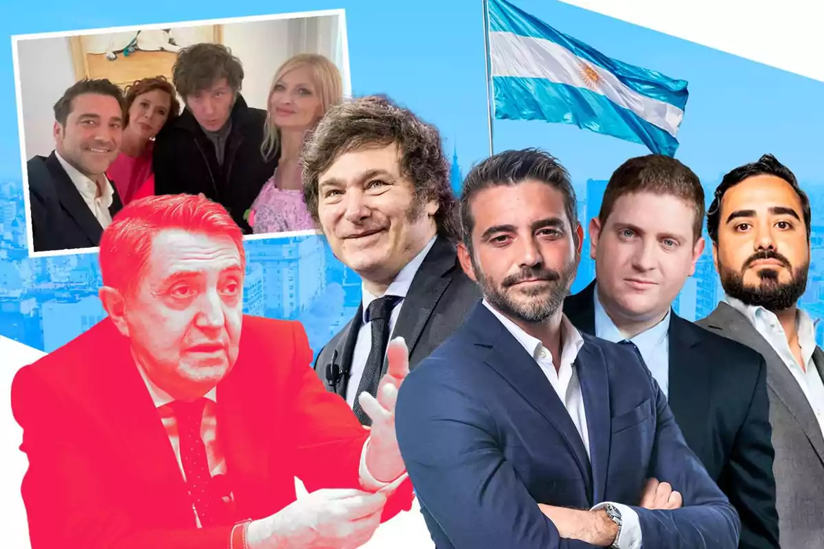 Imagen de varias personas posando, con una bandera argentina ondeando en el fondo y un collage de fotos en la parte superior izquierda.