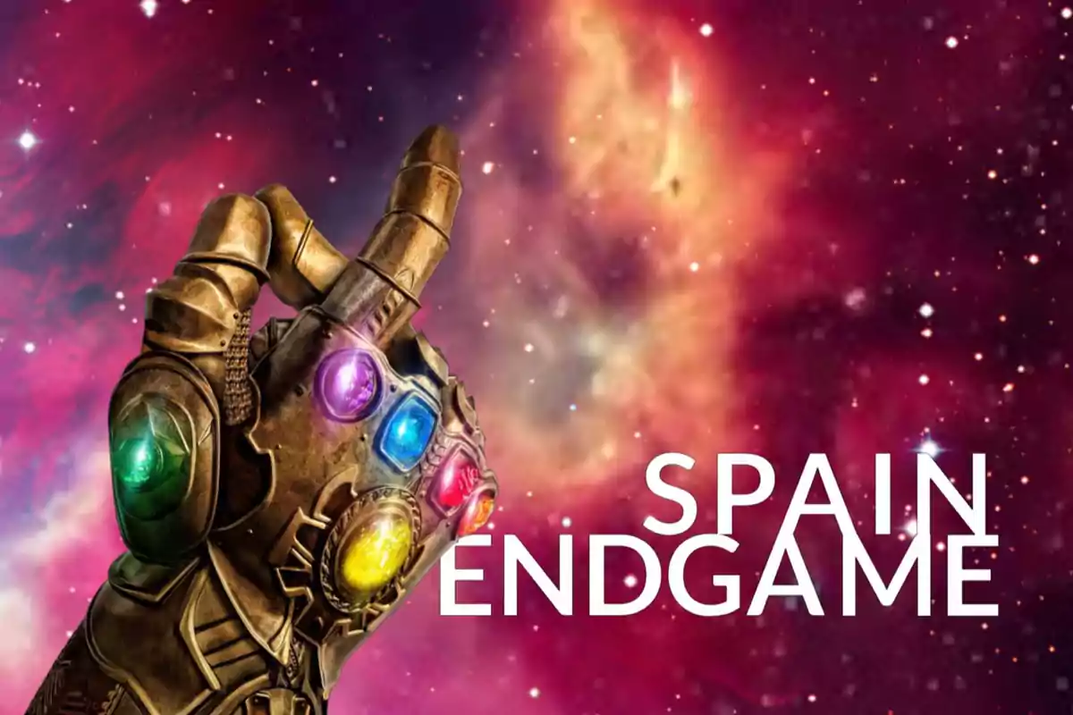 Un guante dorado con gemas de colores en un fondo cósmico con las palabras "Spain Endgame".