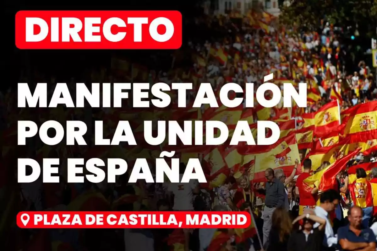 Manifestación por la unidad de España en Plaza de Castilla, Madrid, con muchas personas y banderas españolas.