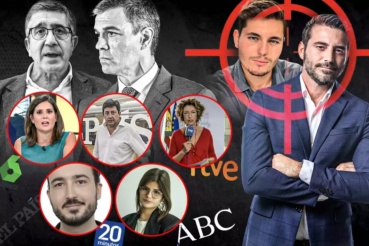 Un collage de varias personas enmarcadas en círculos rojos con logotipos de medios de comunicación como El País RTVE y ABC.