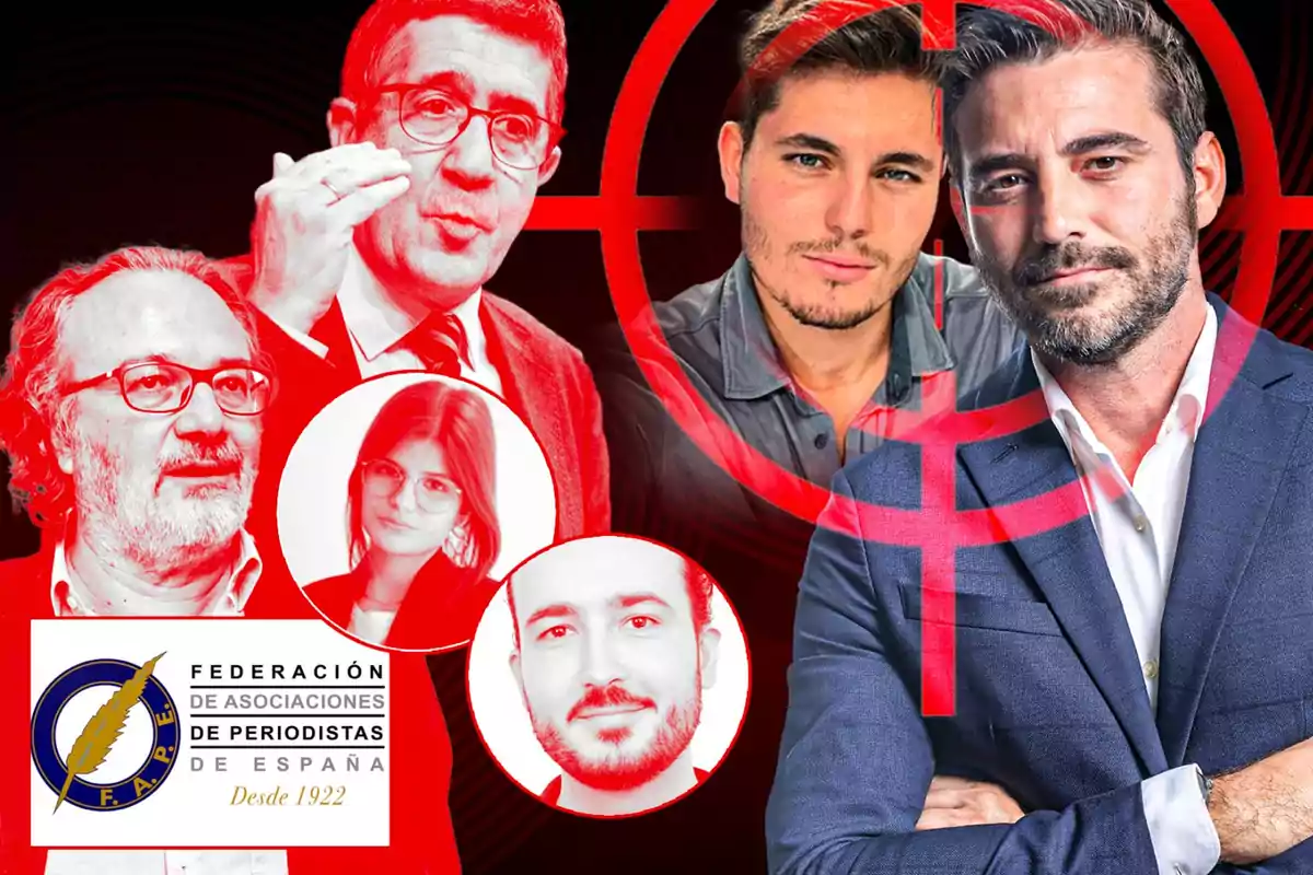 Un collage de varias personas con un filtro rojo y un logotipo de la Federación de Asociaciones de Periodistas de España.