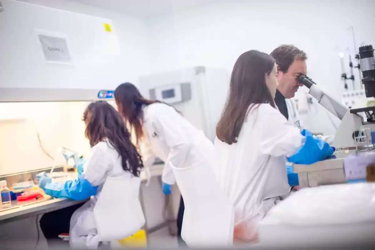 Personas trabajando en un laboratorio, usando batas blancas y guantes azules, con equipo de investigación científica.