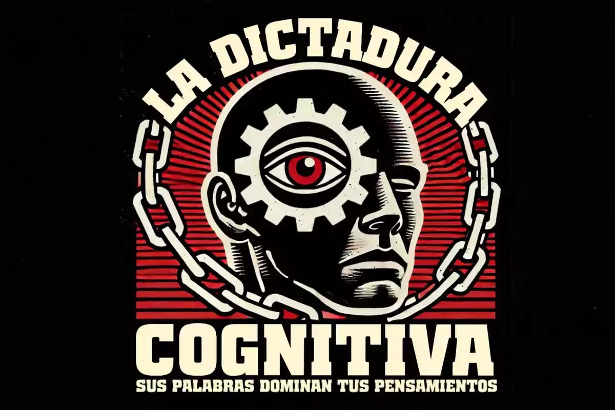 Ilustración de un rostro humano con un engranaje en el ojo rodeado por una cadena sobre un fondo rojo con texto que dice "La dictadura cognitiva sus palabras dominan tus pensamientos".