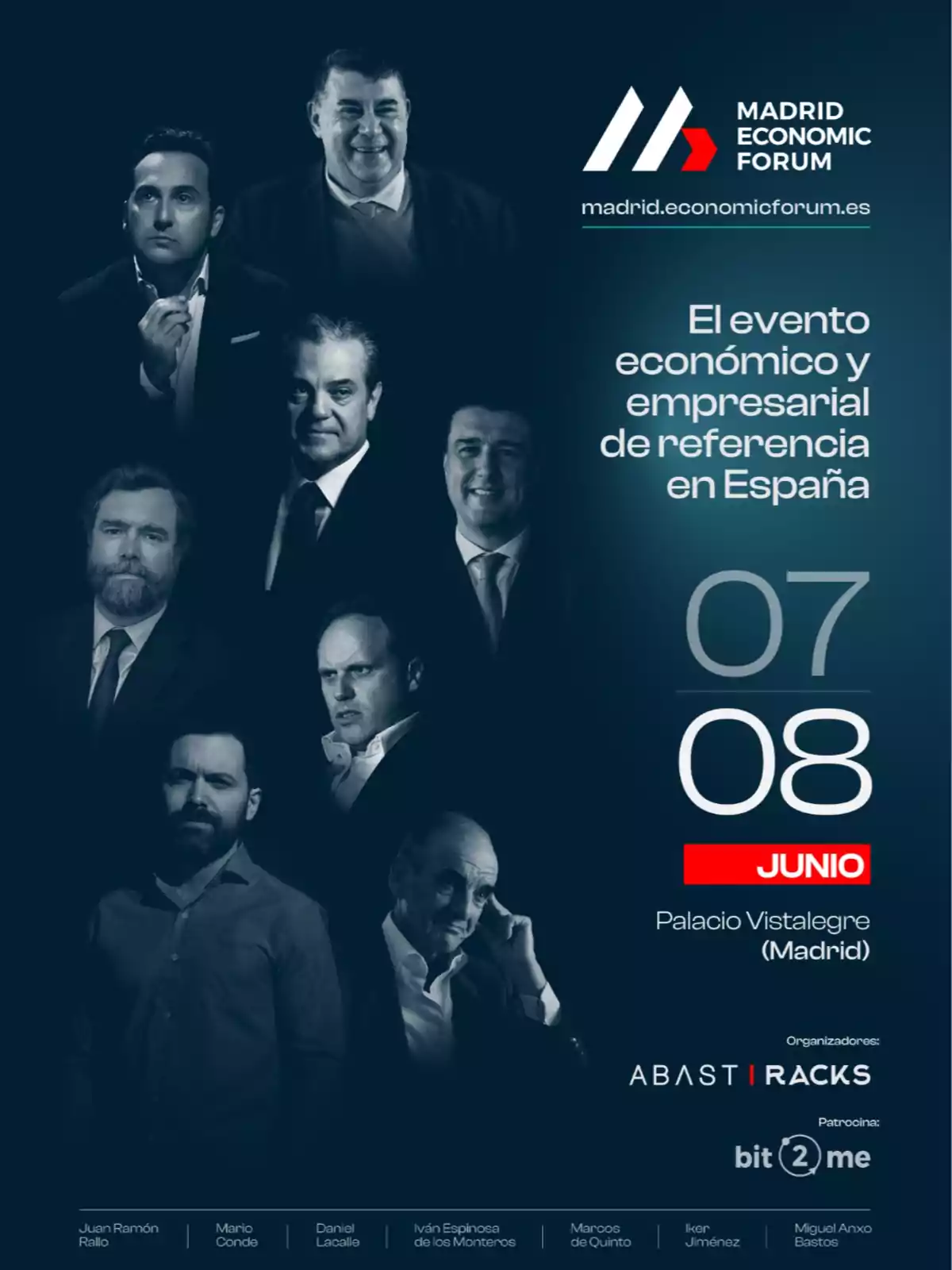 Cartel promocional del Madrid Economic Forum con fotos de varios hombres, el texto Cartel promocional del Madrid Economic Forum con fotos de varios hombres, el texto
