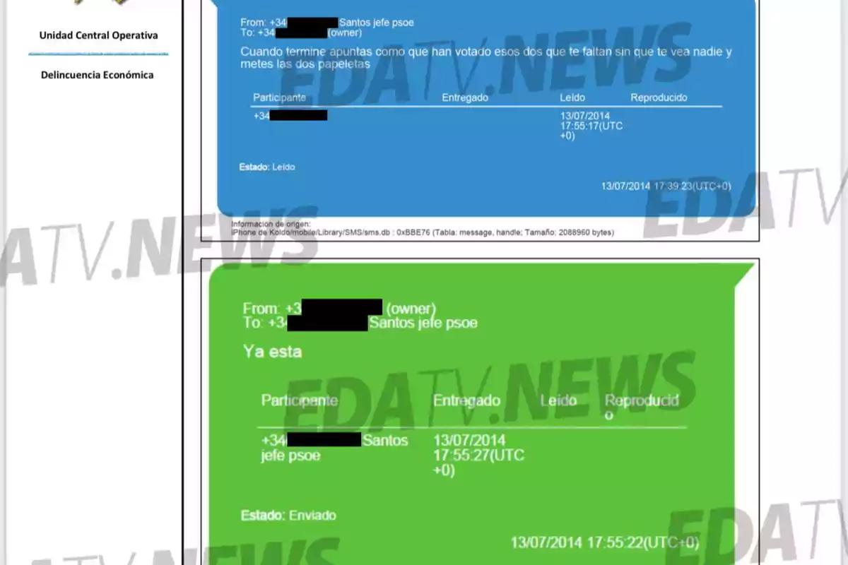 Captura de pantalla de un informe policial con mensajes de texto entre dos personas, uno en fondo azul y otro en fondo verde, relacionados con instrucciones y confirmaciones sobre papeletas, con datos parcialmente ocultos y marcas de agua de EDATV News Captura de pantalla de un informe policial con mensajes de texto entre dos personas, uno en fondo azul y otro en fondo verde, relacionados con instrucciones y confirmaciones sobre papeletas, con datos parcialmente ocultos y marcas de agua de EDATV News
