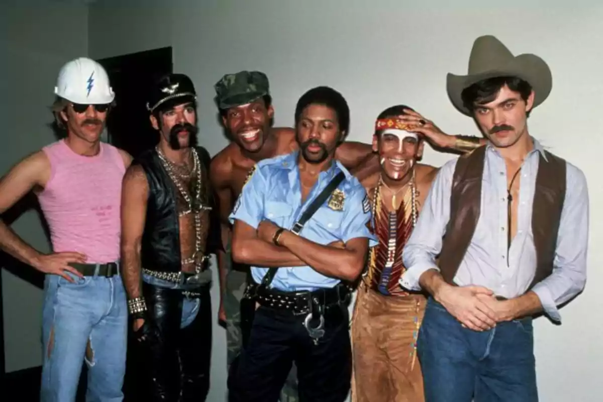 Six people posing in themed costumes, including a construction worker, a biker, a soldier, a policeman, a Native American and a cowboy.