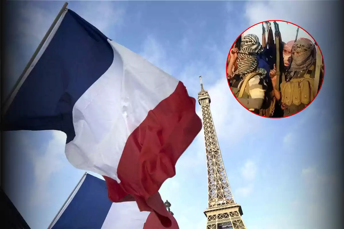 Bandera de Francia ondeando frente a la Torre Eiffel con un círculo que muestra a personas armadas y encapuchadas
