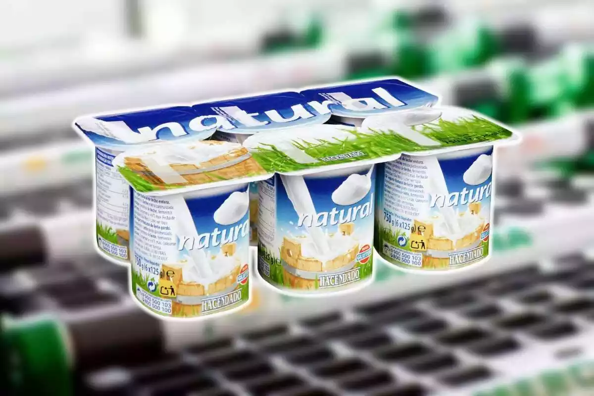 Montaje con los carritos de Mercadona de fondo y el yogur natural de la marca Hacendado
