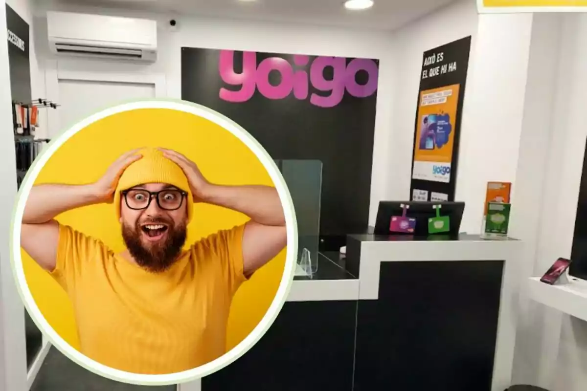 Un hombre con gorro y camiseta amarillos, con expresión de sorpresa, está superpuesto sobre la imagen de una tienda de Yoigo.