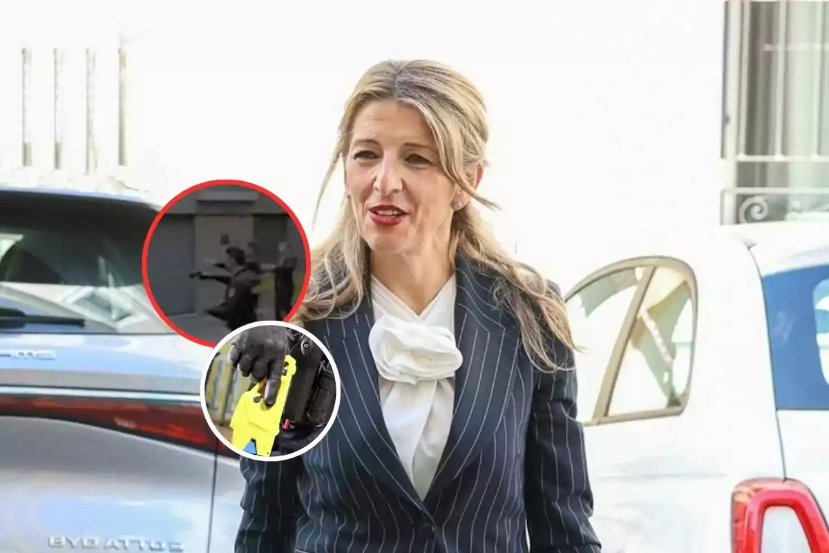 Una mujer con traje de rayas y blusa blanca está de pie al aire libre, con dos imágenes circulares superpuestas que muestran a una persona apuntando un dispositivo y una mano sosteniendo un objeto amarillo.
